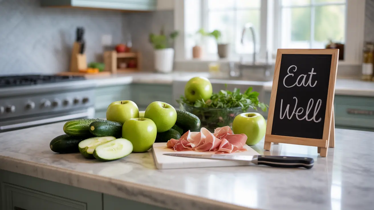Assorted fresh low tyramine foods like apples, cucumbers, and fresh meats displayed on a kitchen counter with natural daylight.
