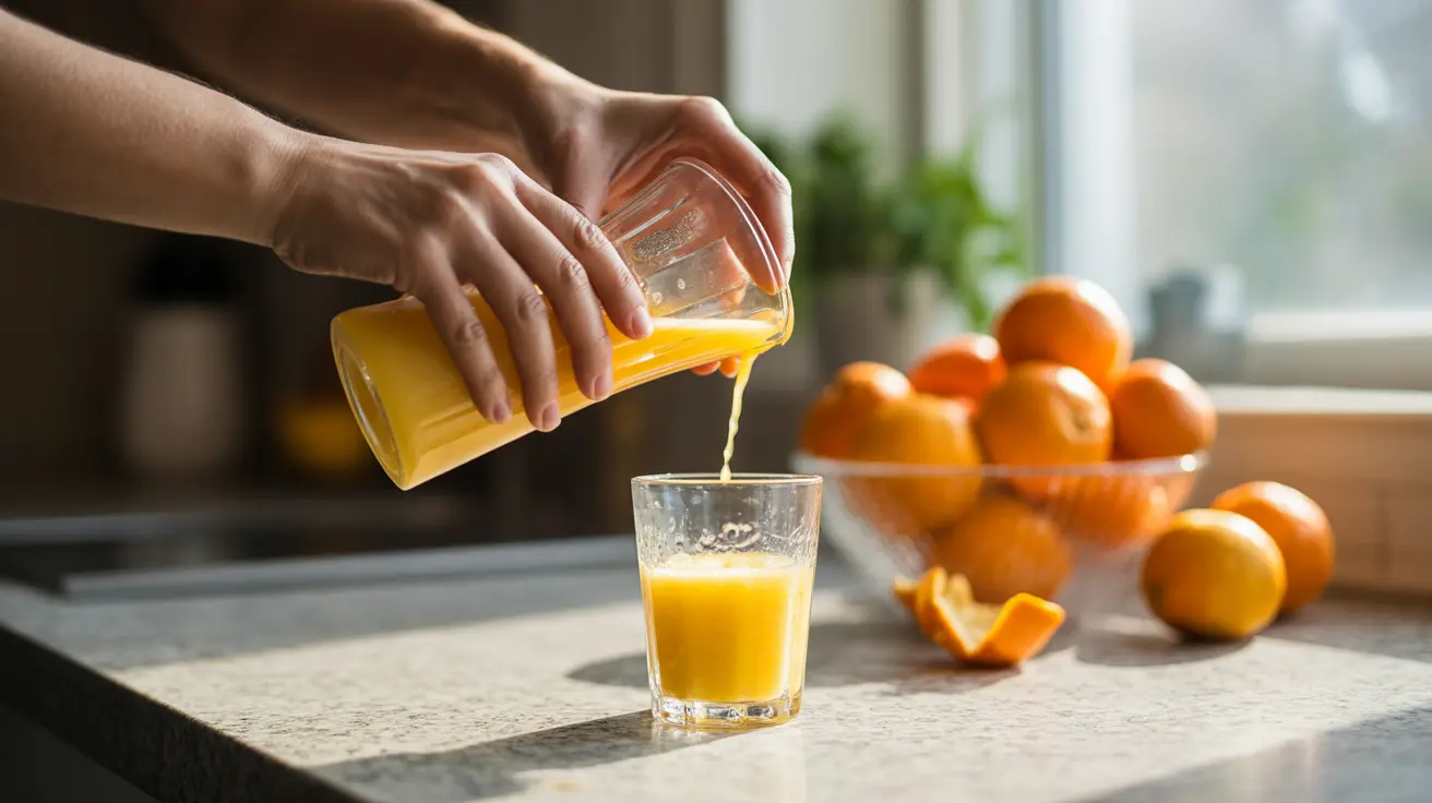 Person pouring freshly squeezed orange juice into a glass on a kitchen counter with oranges in the background
