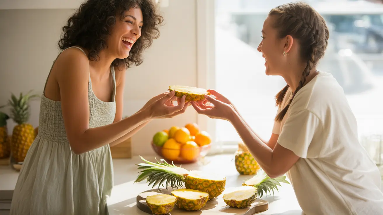 Close-up of fresh pineapples on a kitchen counter with two diverse women sharing and consuming pineapple slices in bright sunlight