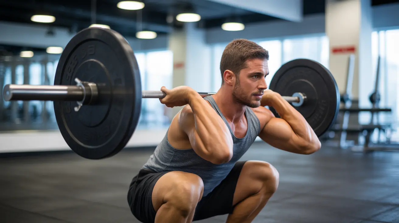 Fit person performing front and back squats with barbell in a gym, highlighting bar positions and posture differences