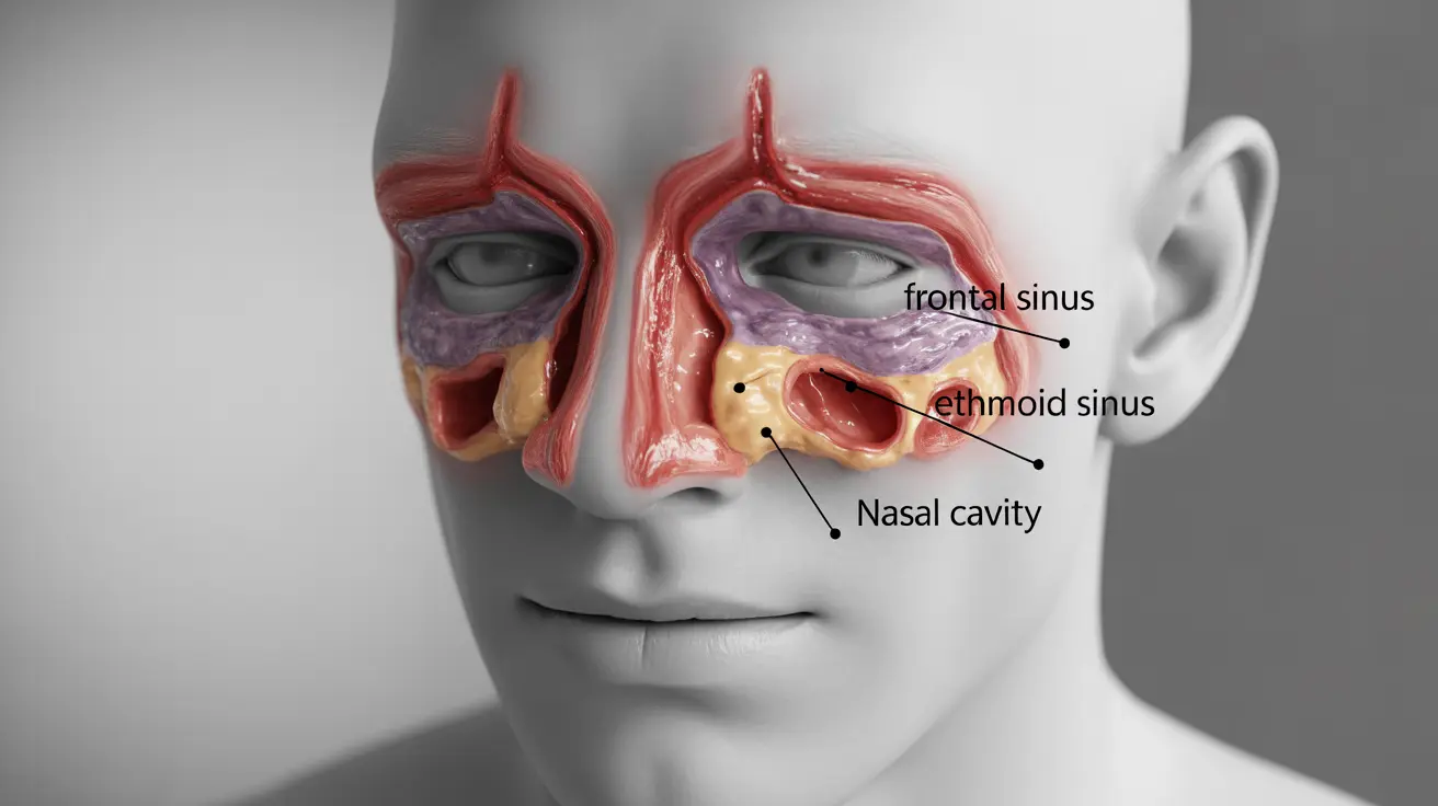Illustration of human frontal sinuses showing inflamed and blocked cavities, labeled sinus anatomy on a medical background