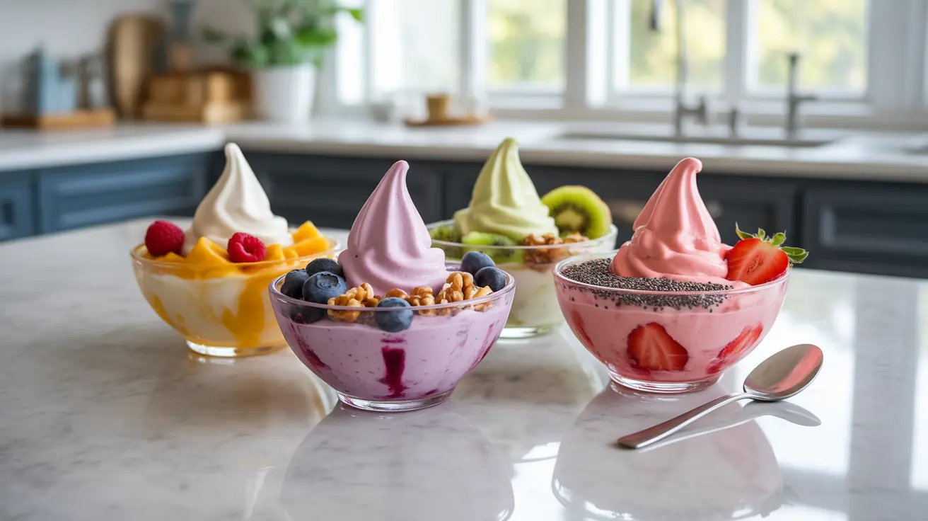 Close-up of bowls with different frozen yogurt flavors topped with fresh fruits, nuts, and seeds in a bright kitchen.