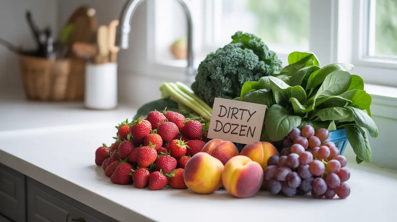 Close-up of strawberries, spinach, kale, peaches, and grapes on a clean kitchen counter illuminated by natural daylight