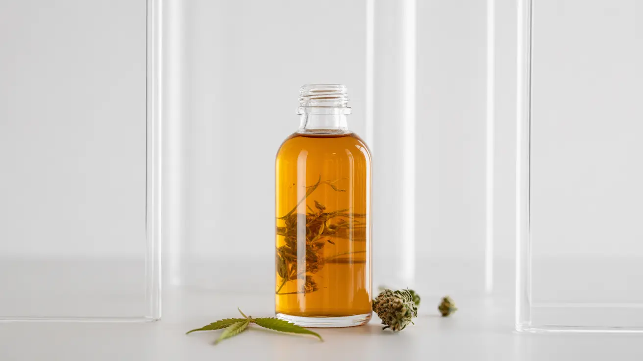 Detailed illustration of a full-spectrum CBD tincture with visible chemical components from the hemp plant in a clinical setting
