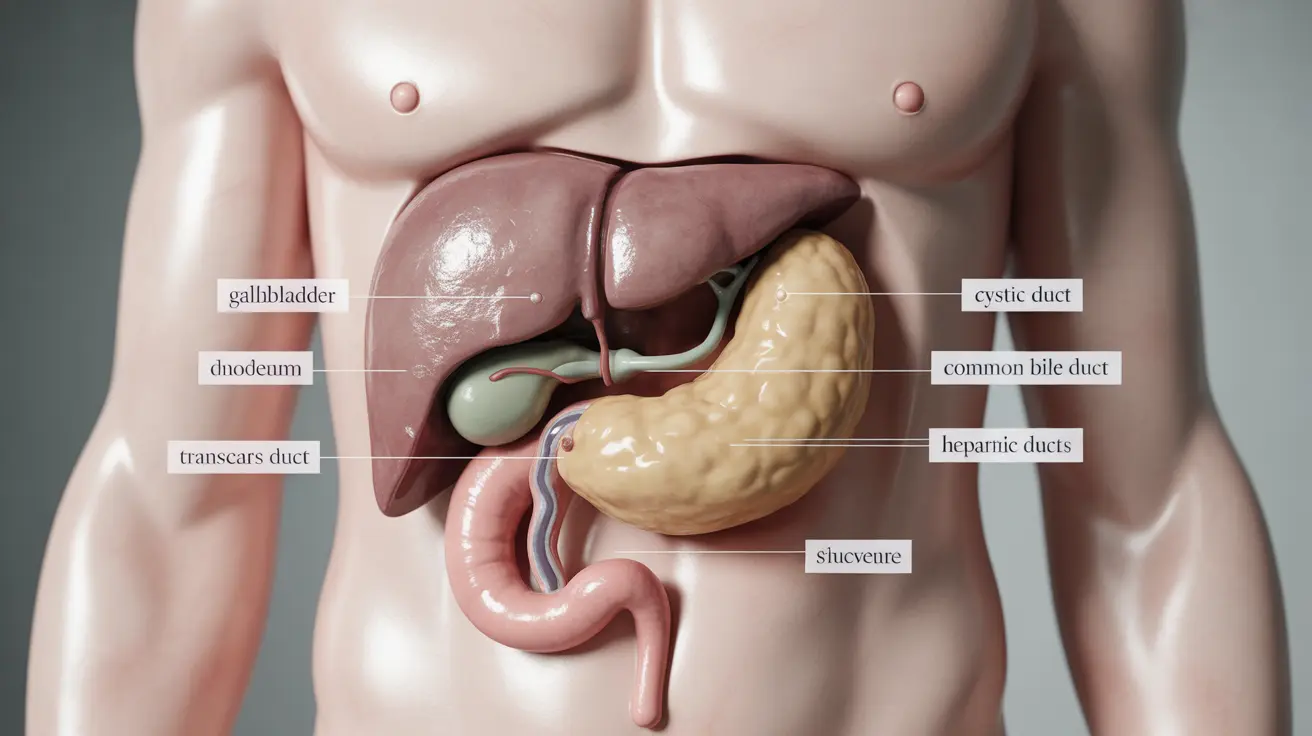 Detailed anatomical illustration showing the gallbladder in the upper right quadrant of the abdomen, under the liver, with labeled surrounding organs and ducts.
