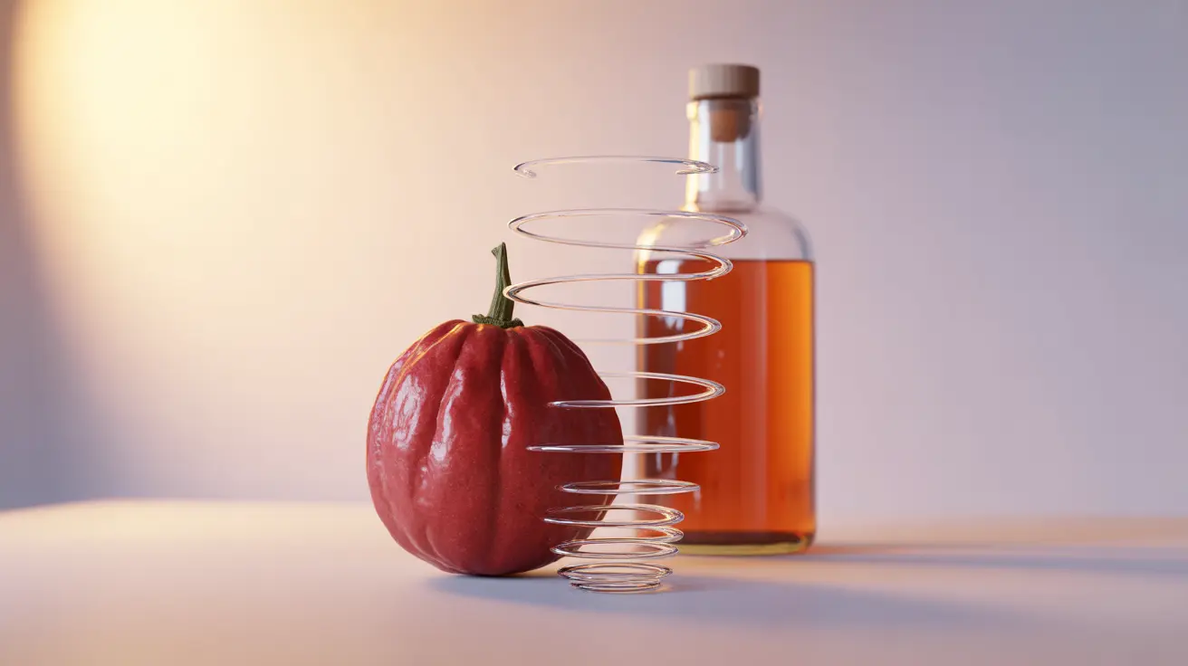 Garcinia cambogia fruit and apple cider vinegar bottle with swirling elements on an abstract gradient background