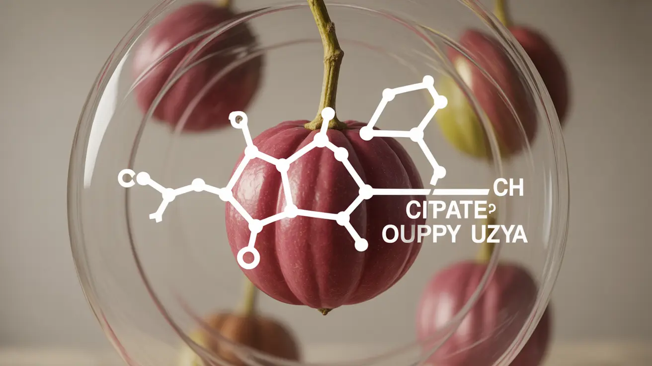 Illustration of garcinia cambogia fruit and molecular diagram of hydroxycitric acid blocking enzyme citrate lyase against a scientific background