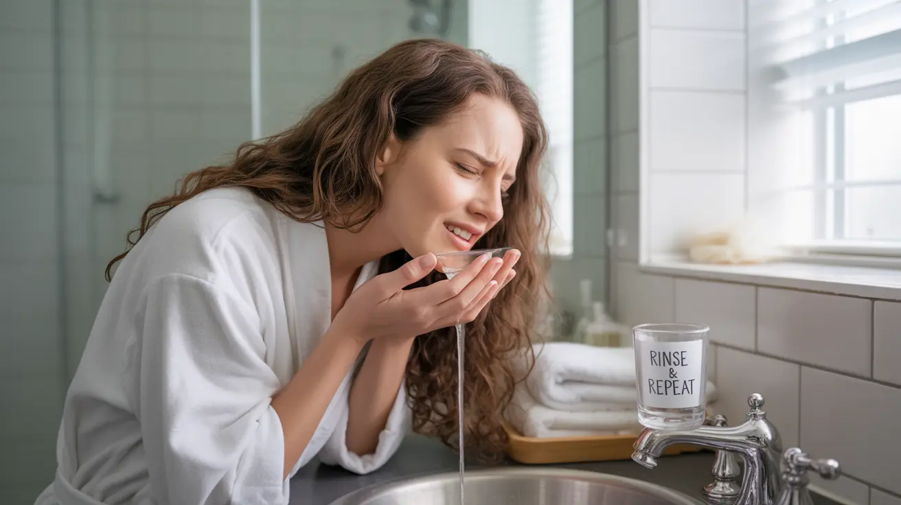 Detailed illustration showing a person gargling with warm salt water in a clean bathroom with natural daylight, reflecting home care for throat discomfort.