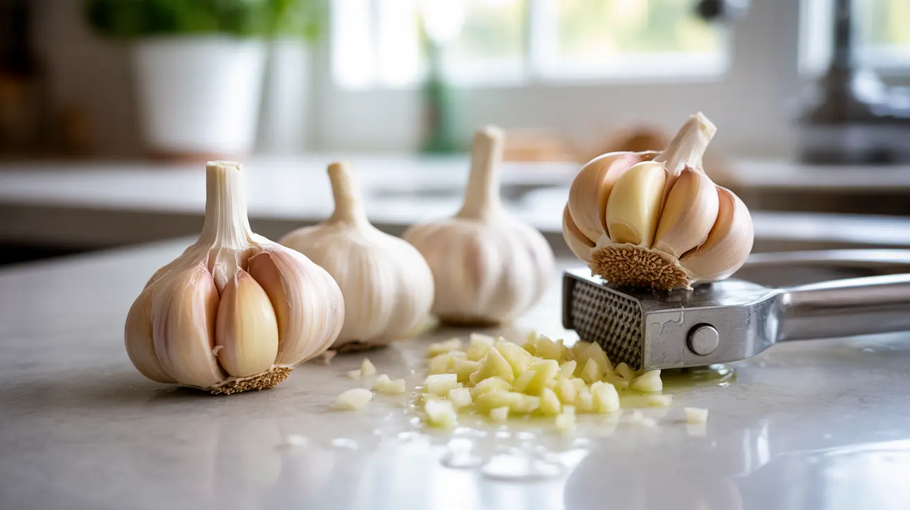 Close-up of raw garlic cloves being crushed on a bright kitchen countertop, natural daylight highlighting texture, suggesting medicinal properties for blood pressure management.