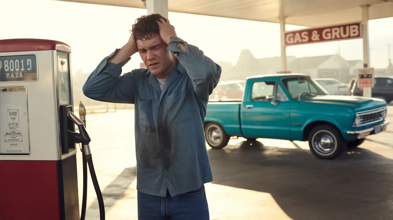 Detailed illustration of a person showing symptoms of gasoline fume exposure, such as dizziness and nausea, standing next to a gas pump at a gas station.