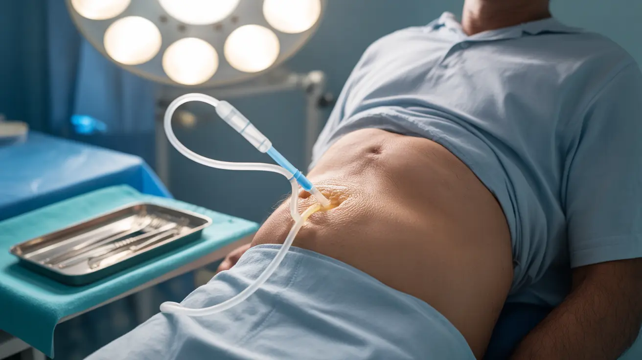 Detailed illustration of gastrostomy feeding tube insertion via PEG, showing endoscope positioning and tube placement into stomach in a clinical setting