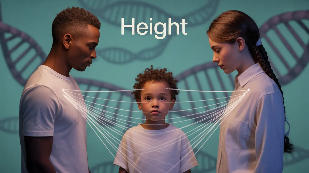 Diagram of genetic inheritance for height with diverse parents pointing to a child, genetic symbols in background