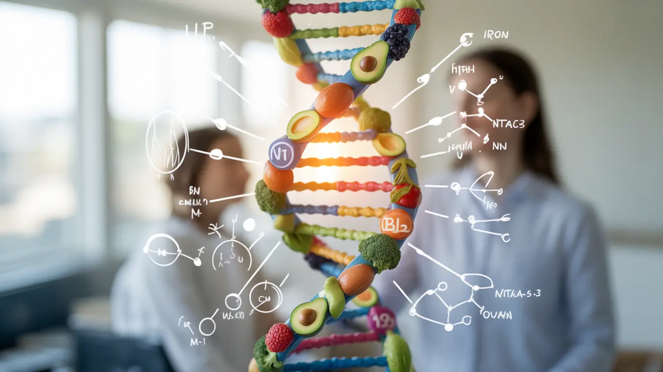 Detailed illustration of DNA strand with plant-based food symbols and nutrient icons, showing genetic impact on nutrient absorption, against a scientific background