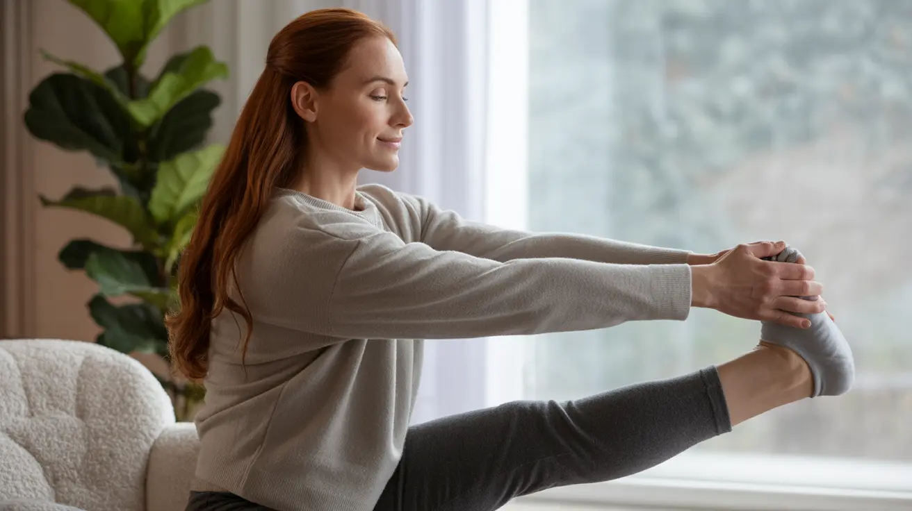 Person in a living room performing gentle stretching exercises for muscle relief, soft natural light, home setting