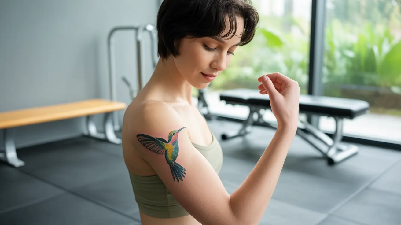 Person gently stretching in bright home gym, showcasing a new tattoo on their arm while emphasizing care during exercise.