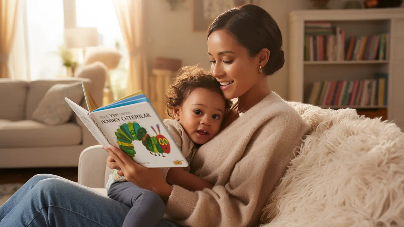 Mother with toddler reading a children's book on a sofa, warm cozy home setting, illustrating new bonding routines