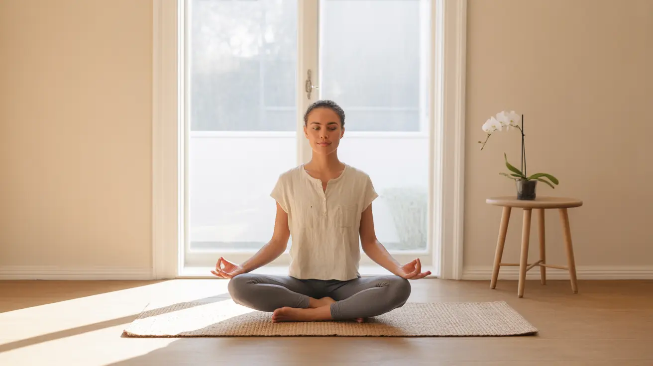 Person practicing gentle yoga on a mat in a bright, serene indoor space, looking focused and relaxed.