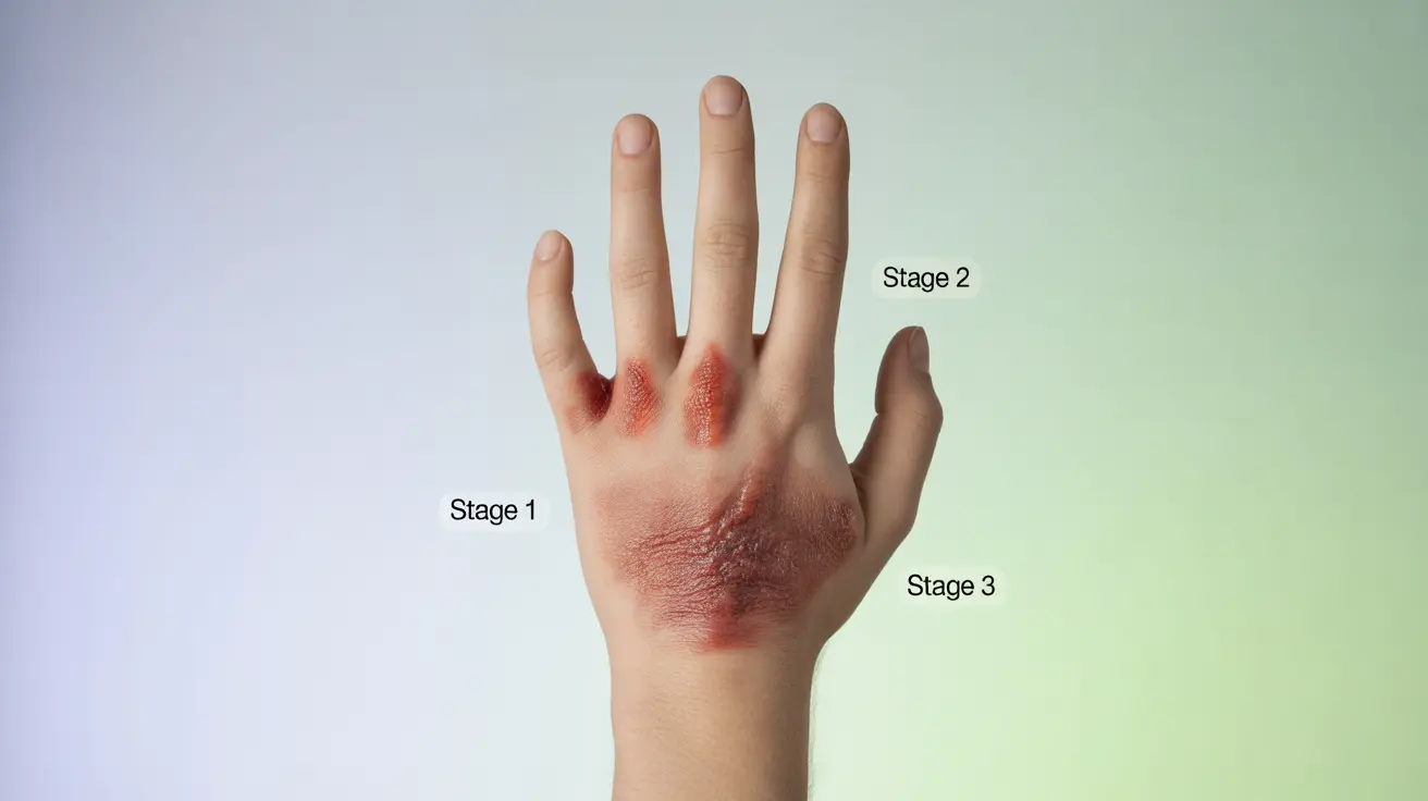Illustration of giant hogweed burn on hand showing stages from redness to scarring with labels on abstract background