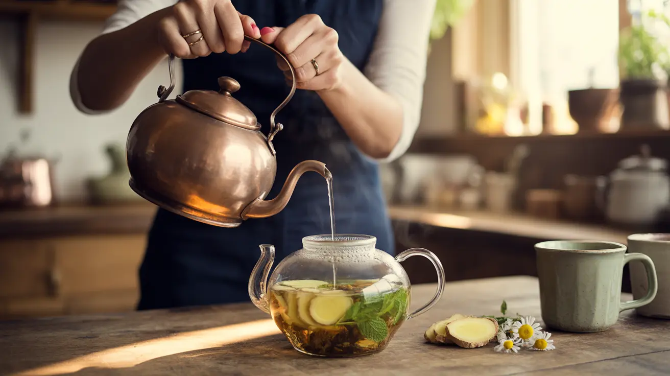 Person pouring hot water over ginger, peppermint, and chamomile teas in a cozy kitchen with bright natural daylight.
