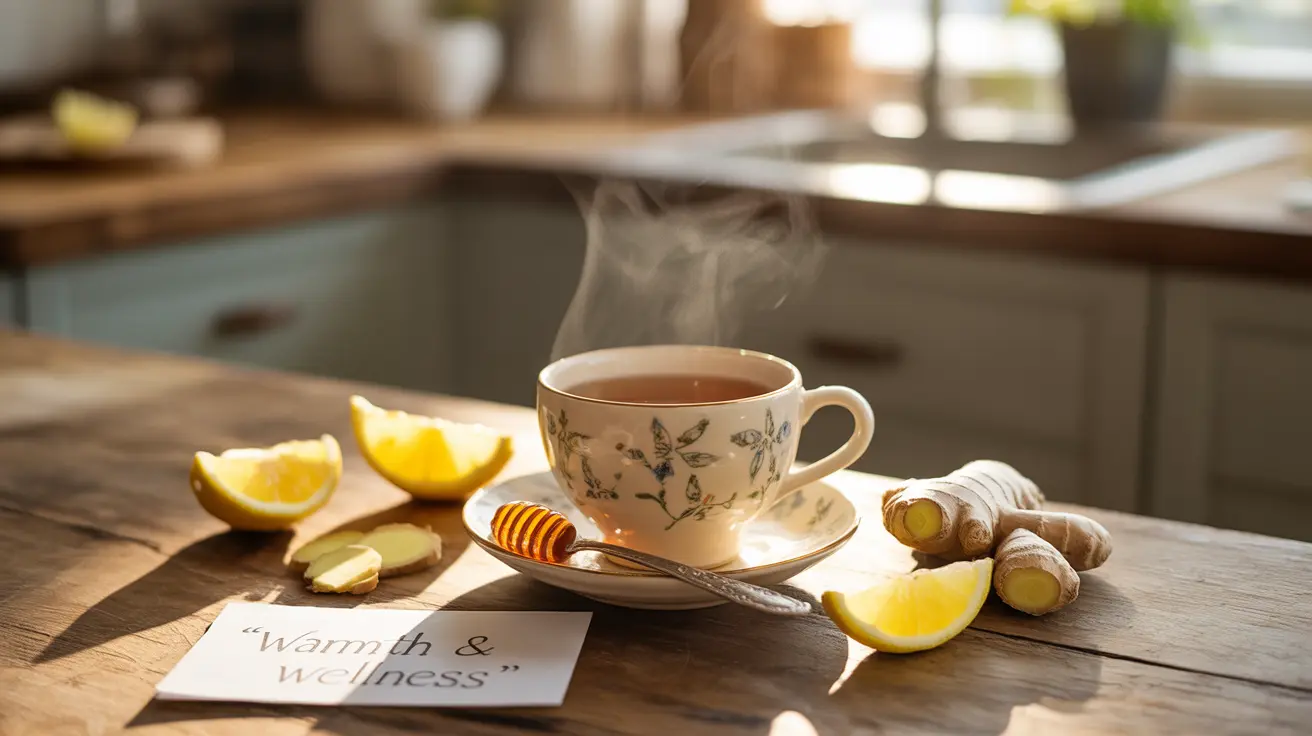 Detailed illustration of a steaming cup of ginger tea on a kitchen countertop, surrounded by fresh ginger root, slices of lemon, and a spoon of honey, warm and inviting lighting.