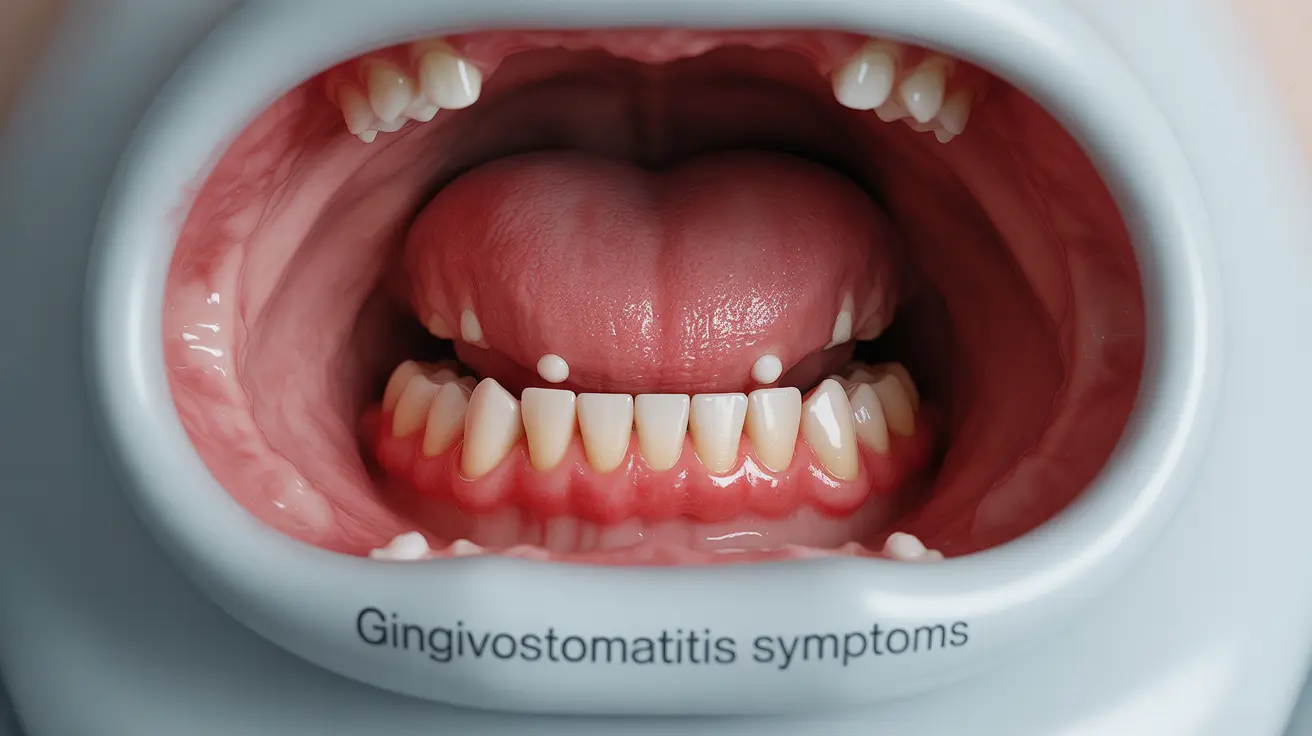 Illustration of inflamed gums and mouth ulcers highlighting gingivostomatitis symptoms, with clear lighting and medical background