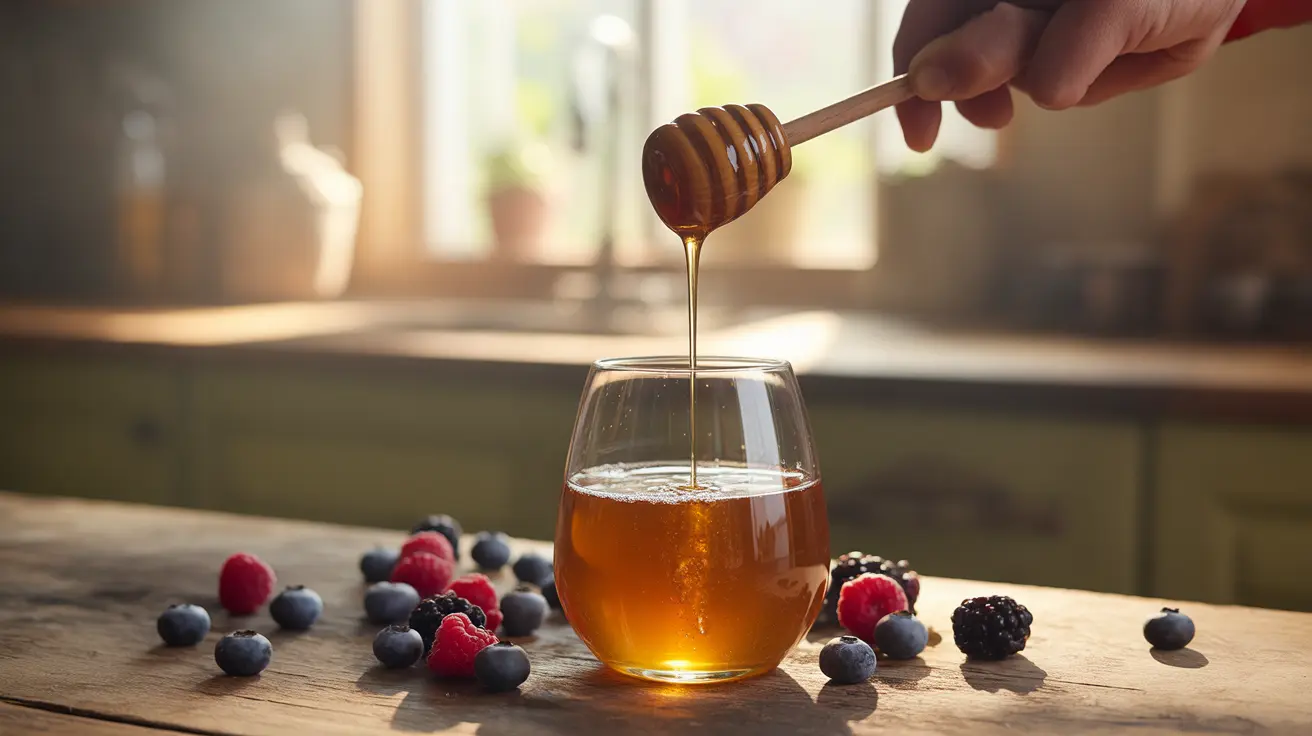 Glass of mead being poured with honey drizzling from a dipper nearby, vibrant fruits scattered in a cozy kitchen environment.