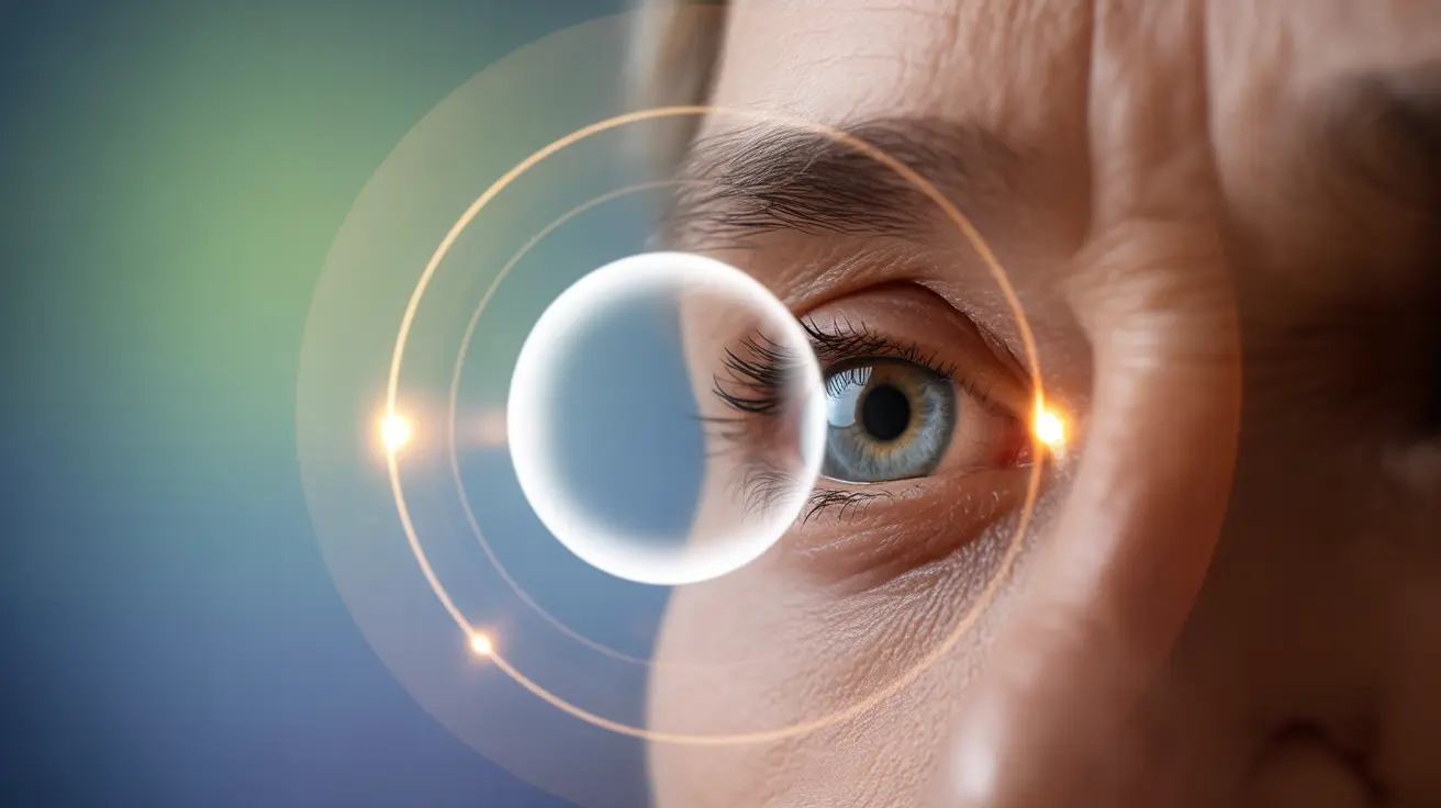 Illustration showing glaucoma effects on vision, normal vision to tunnel vision transition, peripheral vision loss, contrast sensitivity, halo effects around lights