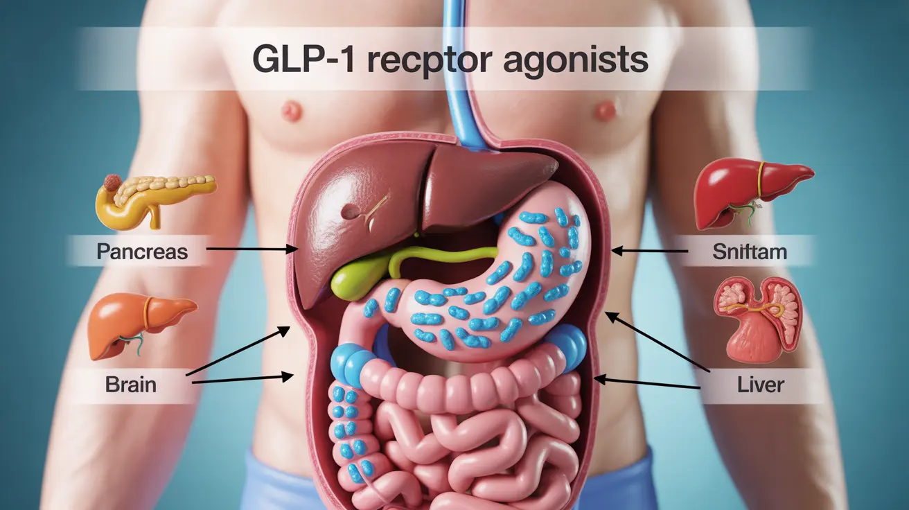 Detailed illustration depicting GLP-1 receptor agonists working in the human digestive system with labeled components in bright educational colors.