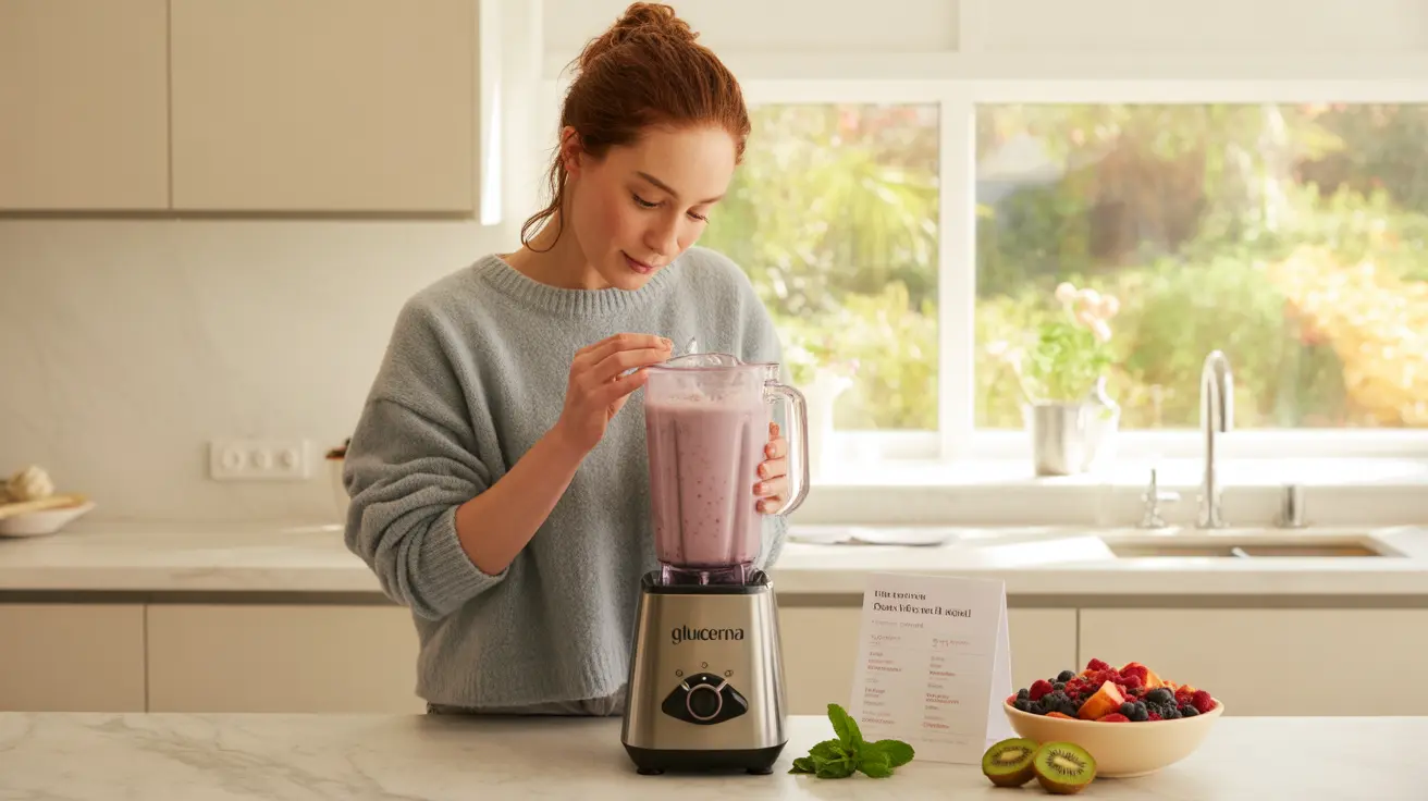 Person preparing a Glucerna shake in a bright, modern kitchen, surrounded by healthy ingredients like fruits and vegetables.