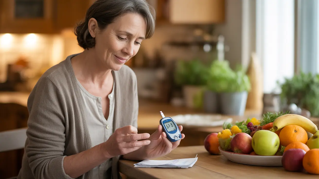 Detailed illustration of a person in a cozy kitchen using a glucometer to check their blood sugar levels after a meal, surrounded by healthy food items like fruits and vegetables.