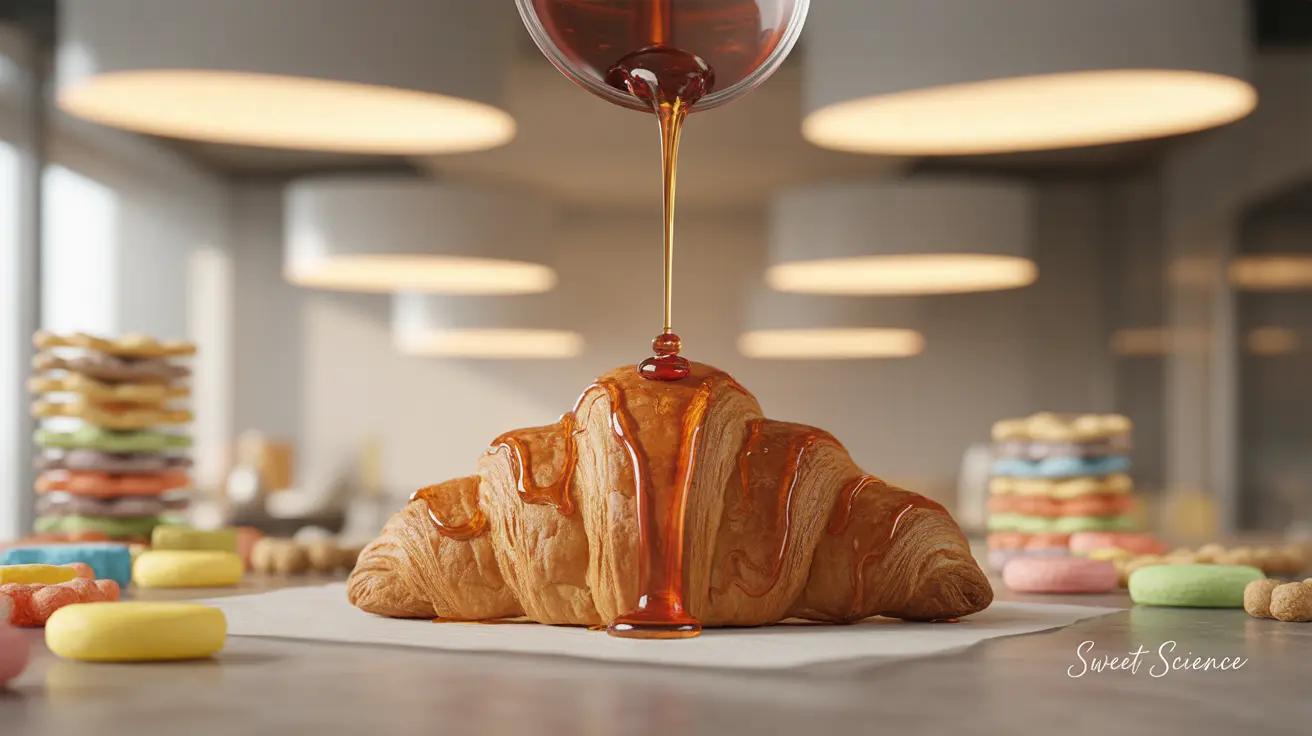 Detailed illustration of glucose syrup being used in a modern kitchen, surrounded by various processed food items like candies, baked goods, and breakfast cereals.