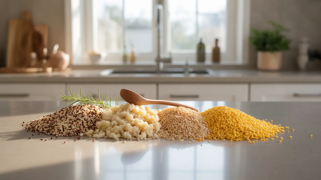 Photograph of a modern kitchen counter showcasing a variety of gluten-free grains like quinoa, cauliflower rice, millet, and corn couscous in bright daylight.