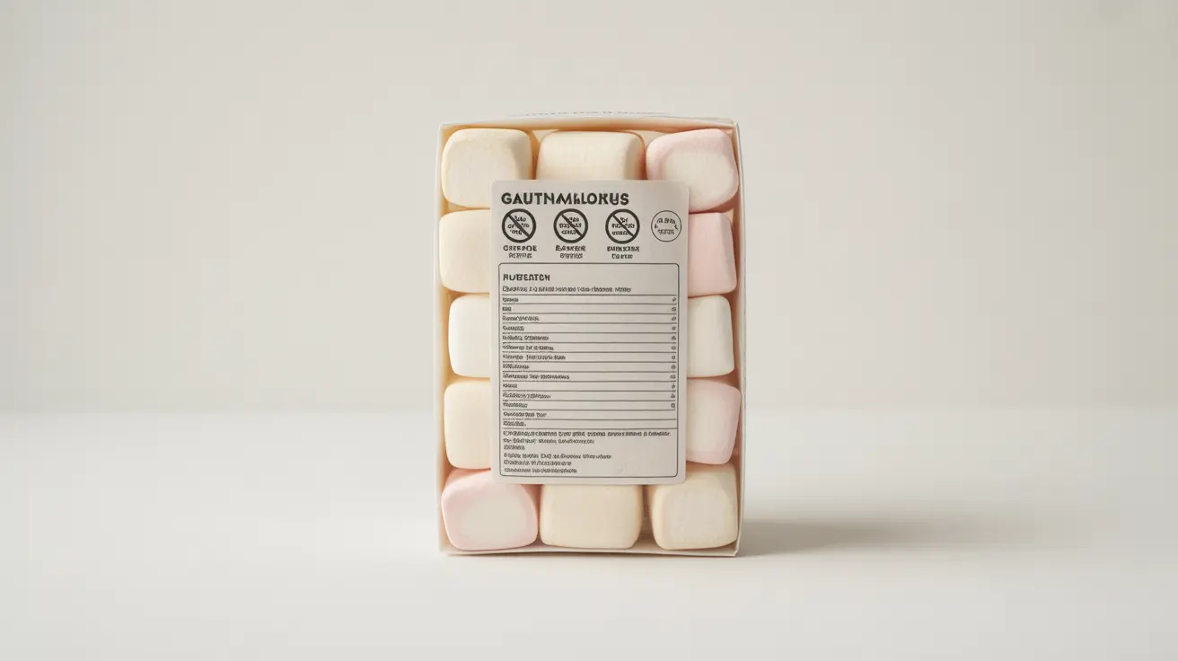 Detailed illustration of marshmallow packaging with gluten-free certification symbols and ingredient list under bright lighting