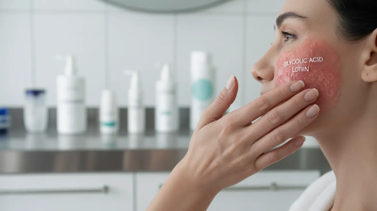 Person gently applying glycolic acid lotion to inflamed skin in a clean, clinical setting, with blurred skincare products in the background.