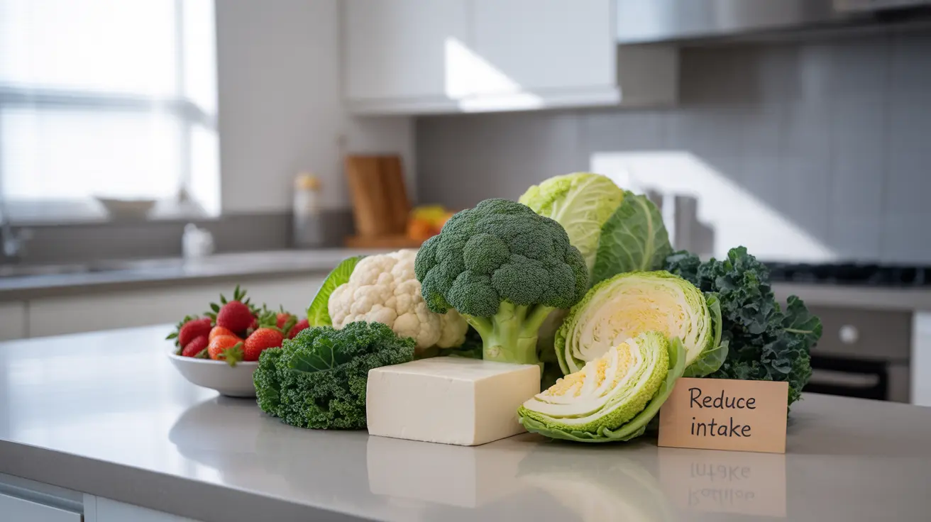 Variety of goitrogenic foods on a kitchen counter, including broccoli, cauliflower, kale, cabbage, tofu, and strawberries, with bright natural lighting