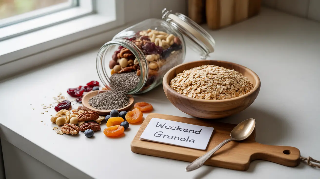 Modern kitchen counter with rolled oats, nuts, seeds, and dried fruits, highlighting healthy granola ingredients in natural daylight