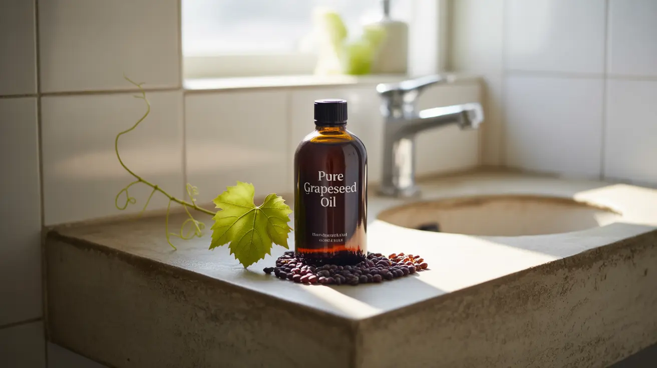 Bottle of grapeseed oil with grape seeds, leaves, on clean bathroom countertop