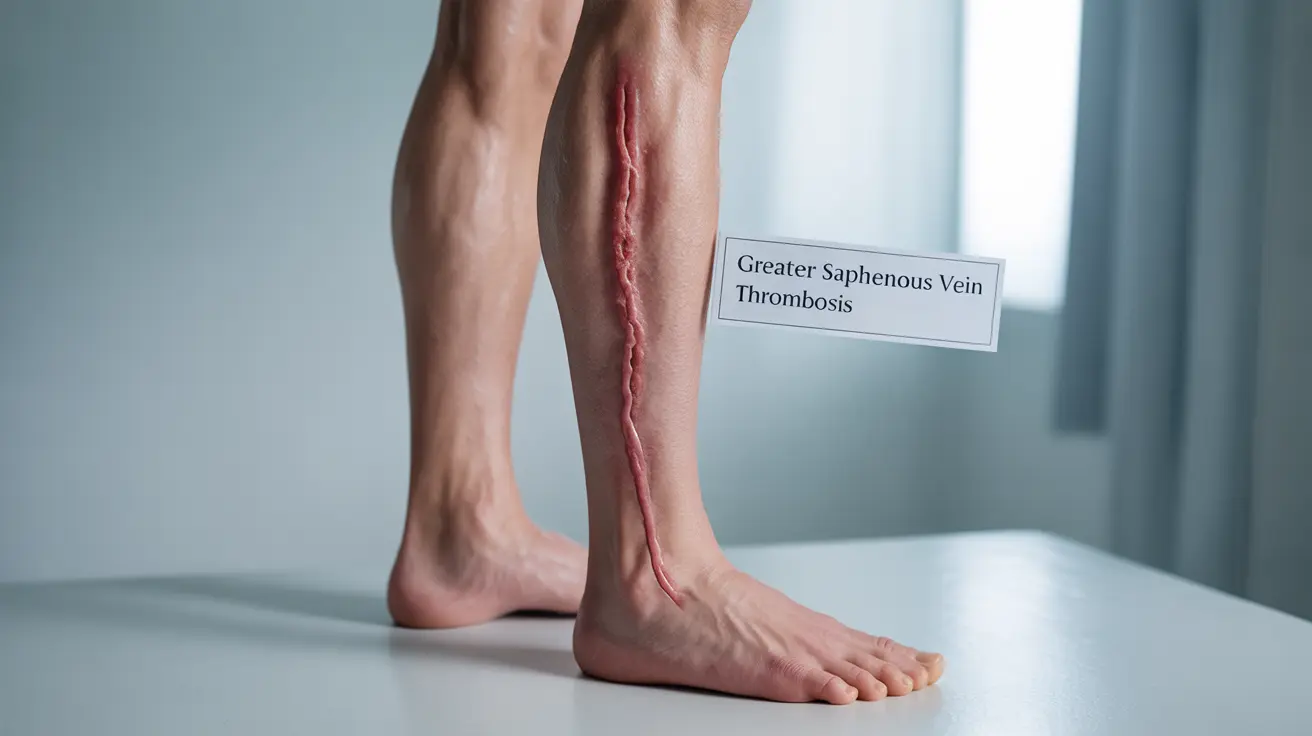 Illustration of human leg focused on greater saphenous vein; thrombosis marked with symptoms like redness, swelling, rope-like vein; educational tone.