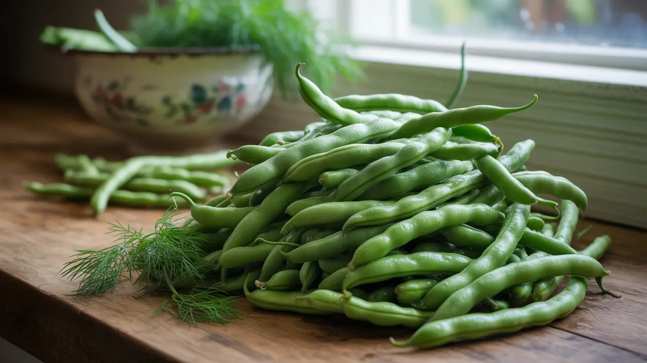 Close-up of fresh green beans on a wooden kitchen counter with natural daylight highlighting vibrant green colors and crisp texture