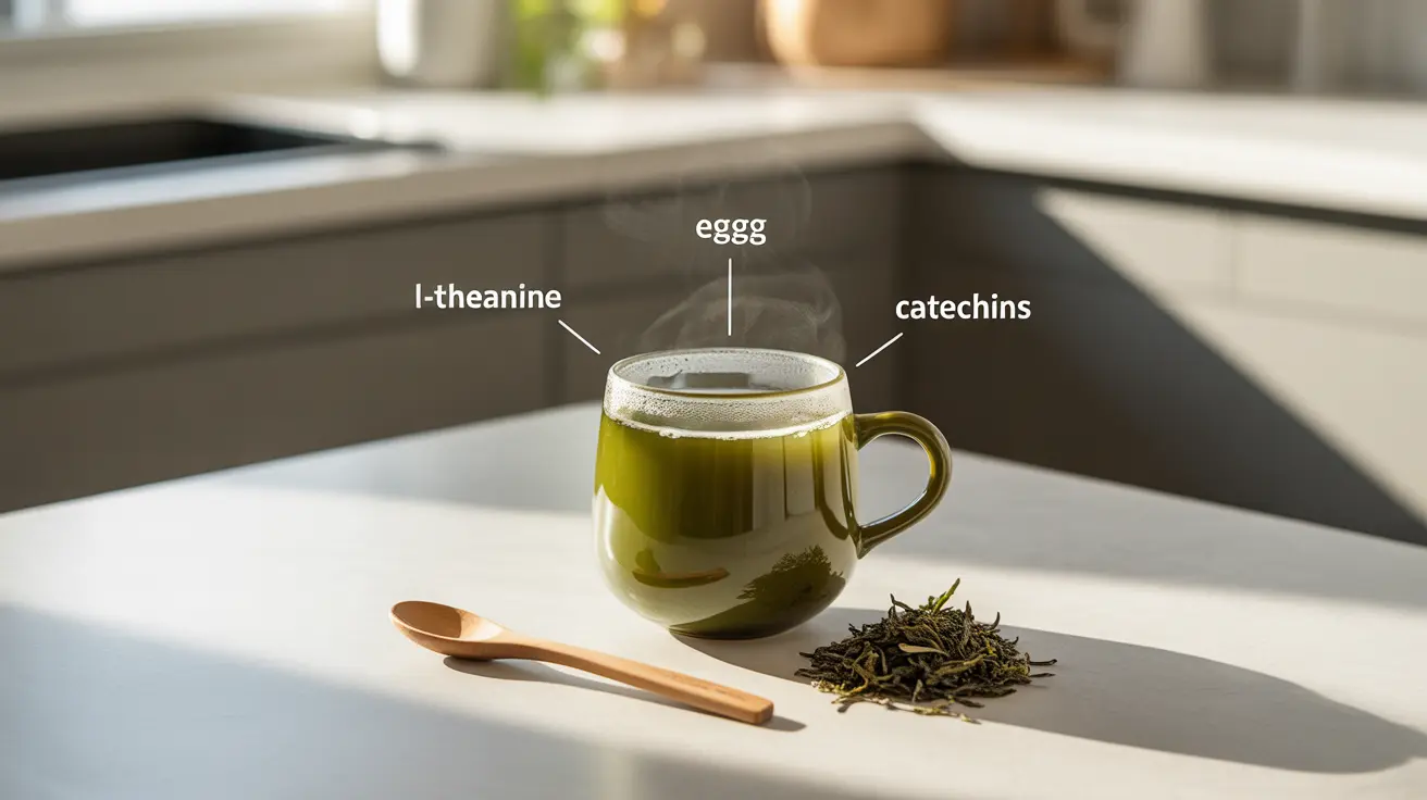 Detailed illustration of a cup of brewed green tea on a bright kitchen counter, highlighting bioactive compounds like EGCG, L-theanine, and catechins.