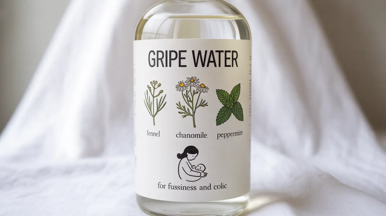 Illustration of gripe water bottle with labeled herbs like fennel and chamomile, against a clean backdrop, highlighting safety considerations