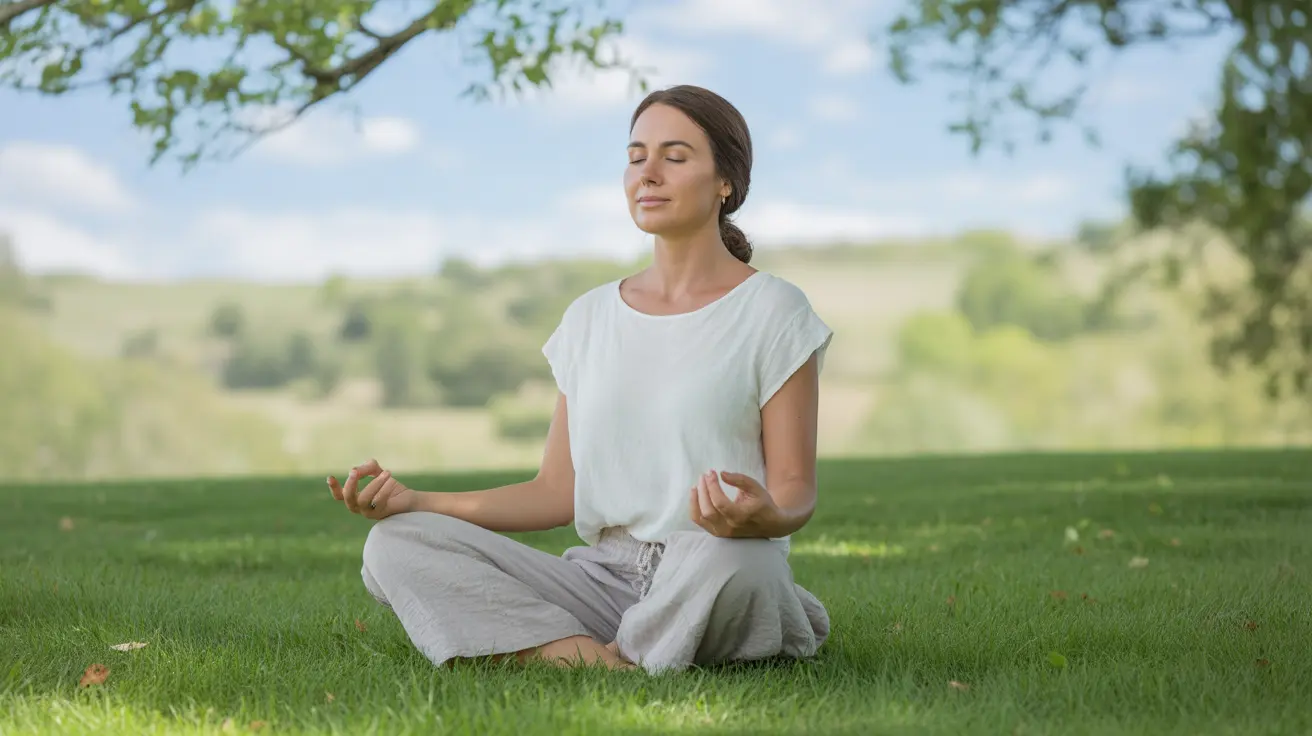 Person practicing grounding technique by pressing their feet into the grass while taking deep breaths in a serene park environment