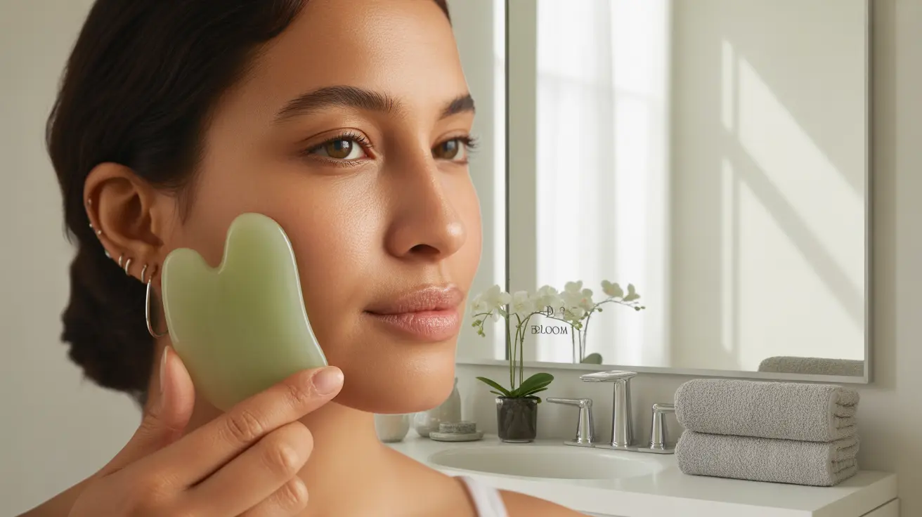 Close-up of a woman using a jade gua sha tool on her face in a bright bathroom with natural light illuminating her calm expression.