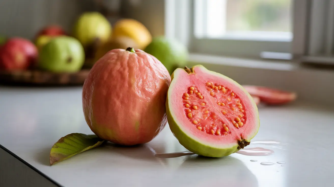 Whole and sliced guava fruit on a kitchen countertop, revealing seeds and pulp, bright daylight, other fruits blurred in background