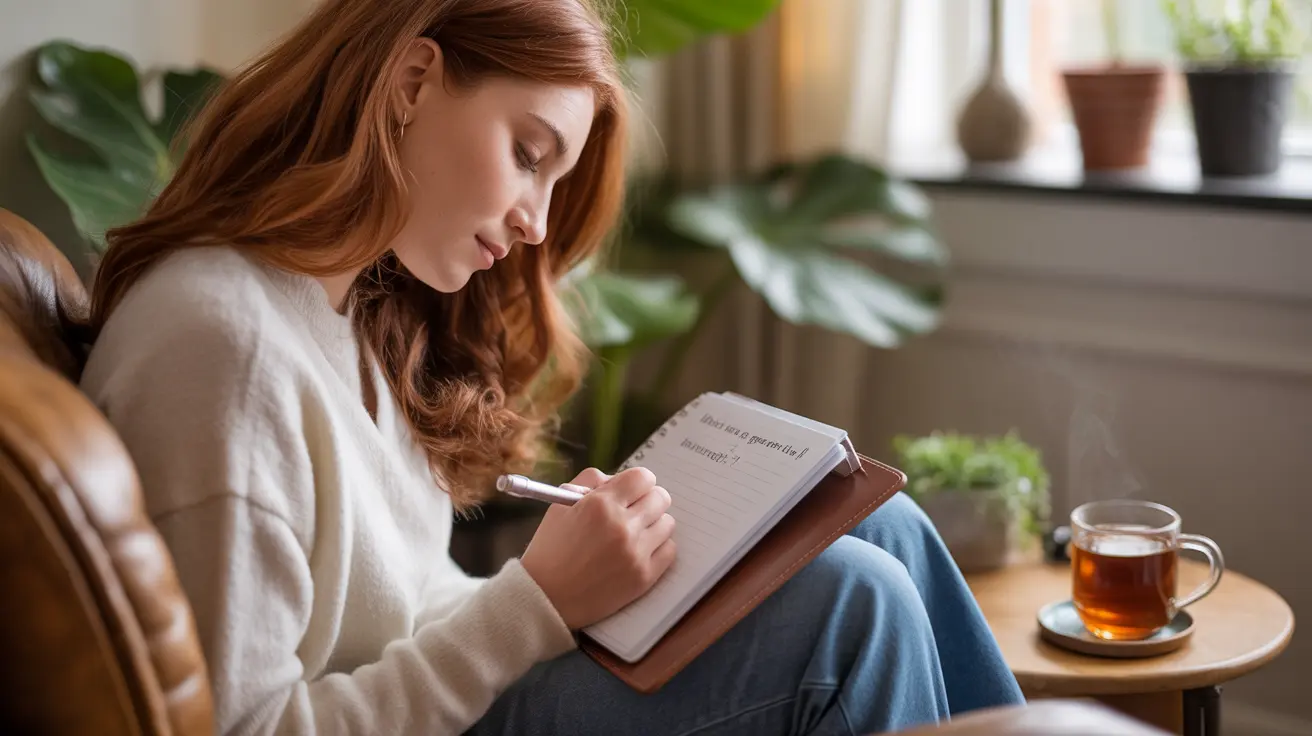 Close-up of a person writing in a guided journal, seated comfortably in a cozy space filled with plants and warm lighting.