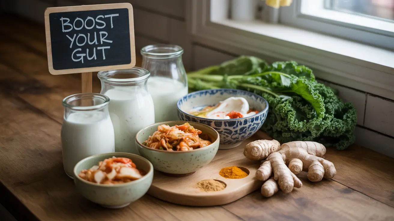 Realistic photograph of a bright kitchen setting featuring a diverse assortment of gut-healthy foods including jars of yogurt, kimchi, sauerkraut, leafy greens, and spices under soft, natural lighting.