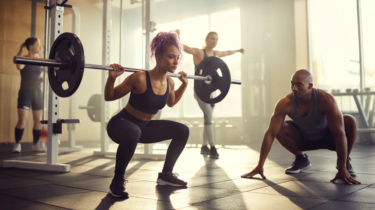 Realistic photograph of a bright, modern gym showing diverse gym-goers engaging in exercises, practicing proper etiquette and respectful interactions.