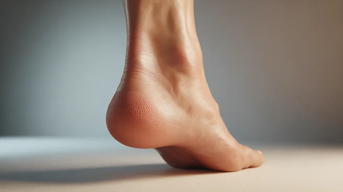 Detailed illustration of the human heel showing Haglund's deformity with a prominent bump, highlighting the Achilles tendon and surrounding structures.