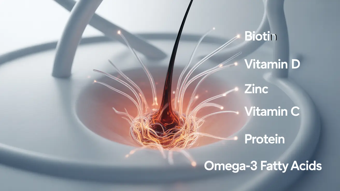 Illustration of biotin, iron, vitamin D, zinc, vitamin C, protein, omega-3 interacting with hair follicles in a scientific setting