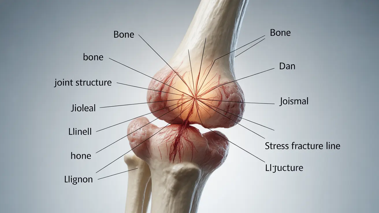 Illustration of human elbow showing hairline fracture under bright clinical lighting with labeled parts including bone, stress fracture line, and joint structure